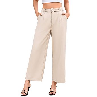 Women's High Waisted Belted Wide Leg Pants, Casual Cropped Trousers with Pockets for Work & Daily