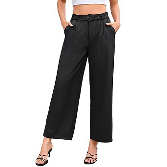 Women's High Waisted Belted Wide Leg Pants, Casual Cropped Trousers with Pockets for Work & Daily