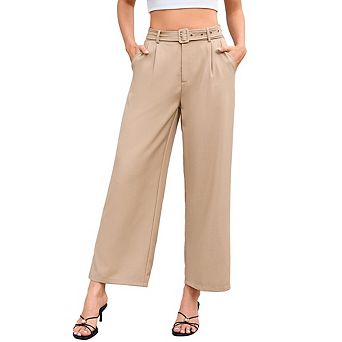 Women's High Waisted Belted Wide Leg Pants, Casual Cropped Trousers with Pockets for Work & Daily