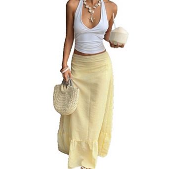Women's Striped Maxi Skirt with Ruffle Hem High-Waist A-Line Flowy Style for Summer & Beach
