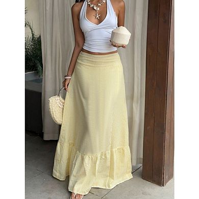 Women's Striped Maxi Skirt with Ruffle Hem High-Waist A-Line Flowy Style for Summer & Beach
