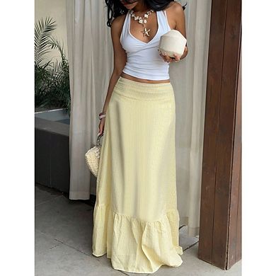 Women's Striped Maxi Skirt with Ruffle Hem High-Waist A-Line Flowy Style for Summer & Beach