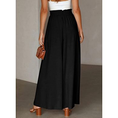 Women's Flowy Wide-Leg Pants Elastic Waist & Pockets for Casual Comfort