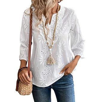 Womens 3/4 Sleeve Boho Lace Tops V Neck Dressy Casual Blouses Shirt