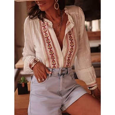 Women's Boho Button Down Shirt Long Sleeve Vintage Floral Embroidery Blouse Top