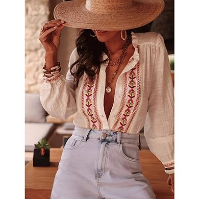 Women's Boho Button Down Shirt Long Sleeve Vintage Floral Embroidery Blouse Top