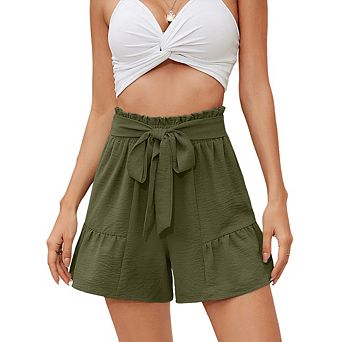 Women's Ruffle Hem Paperbag Waist Shorts Tie Front High Waisted Casual Shorts for Summer