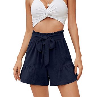 Women's Ruffle Hem Paperbag Waist Shorts Tie Front High Waisted Casual Shorts for Summer