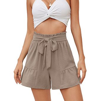 Women's Ruffle Hem Paperbag Waist Shorts Tie Front High Waisted Casual Shorts for Summer