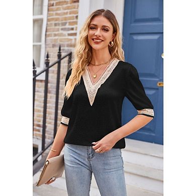 Womens Boho Lace Shirts Half Sleeve V Neck Causal Dressy Shirts Tops