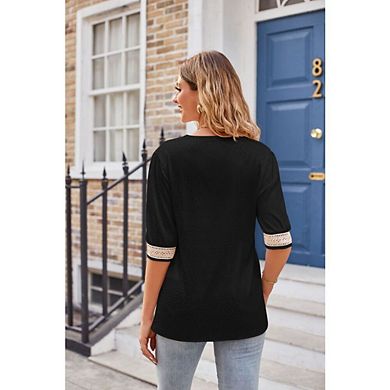 Womens Boho Lace Shirts Half Sleeve V Neck Causal Dressy Shirts Tops