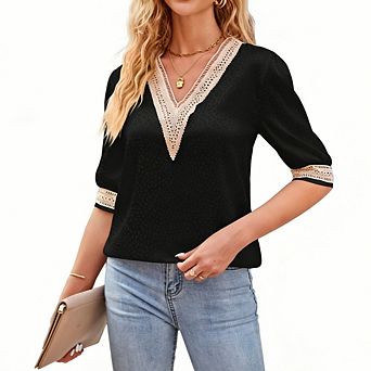 Womens Boho Lace Shirts Half Sleeve V Neck Causal Dressy Shirts Tops