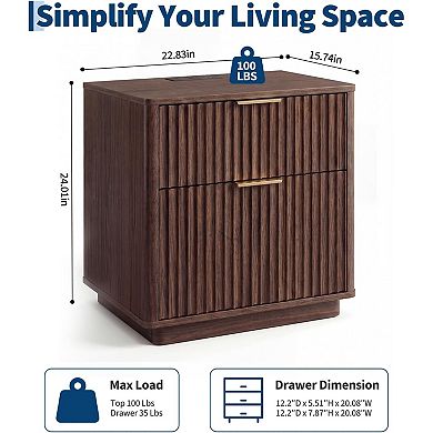 ANIXOL 23" Fluted Nightstand with Drawers and Charging Station;2pcs