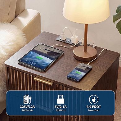 ANIXOL 23" Fluted Nightstand with Drawers and Charging Station;2pcs