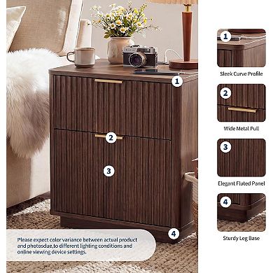ANIXOL 23" Fluted Nightstand with Drawers and Charging Station;2pcs