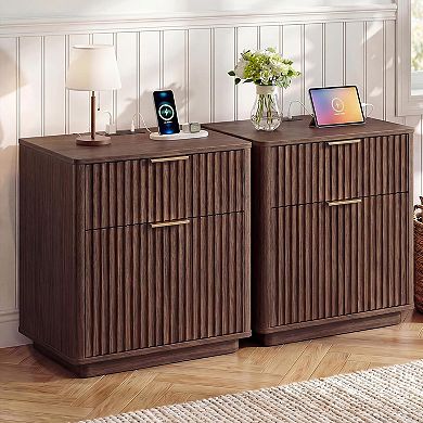 ANIXOL 23" Fluted Nightstand with Drawers and Charging Station;2pcs