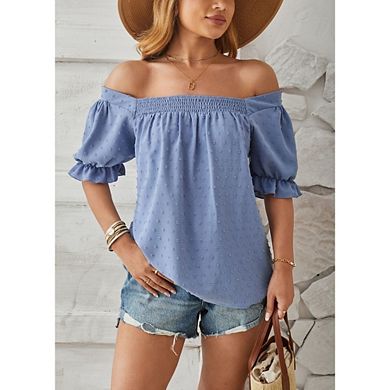 Women's Square Neck Blouse Elegant Swiss Dot Short Sleeve Smocked Front Casual Puff Sleeve Top