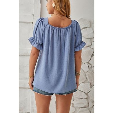 Women's Square Neck Blouse Elegant Swiss Dot Short Sleeve Smocked Front Casual Puff Sleeve Top