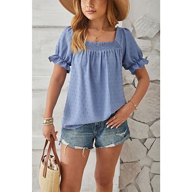 Women's Square Neck Blouse Elegant Swiss Dot Short Sleeve Smocked Front Casual Puff Sleeve Top