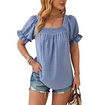 Women's Square Neck Blouse Elegant Swiss Dot Short Sleeve Smocked Front Casual Puff Sleeve Top