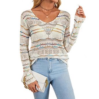 Womens Long Sleeve V Neck Crochet Knit Sweater Hollow Out Striped Vacation Cruise Cover Up