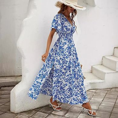 Women's A Line Ruffle Hem Side Slit Dress Boho Floral V Neck Short Sleeve Beach Maxi Dresses