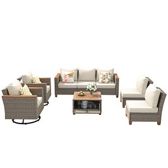 Eazegath 8 pc Outdoor Wicker Conversation Sofa Set with Swivel Rocking Chairs and Coffee Table