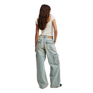 Women's Straight-Leg Cargo Jeans with Elastic Waist Relaxed Fit & Stretch Denim