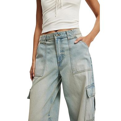 Women's Straight-Leg Cargo Jeans with Elastic Waist Relaxed Fit & Stretch Denim