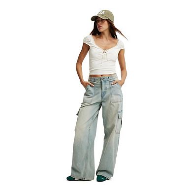 Women's Straight-Leg Cargo Jeans with Elastic Waist Relaxed Fit & Stretch Denim