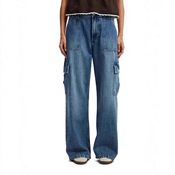 Women's Straight-Leg Cargo Jeans with Elastic Waist Relaxed Fit & Stretch Denim