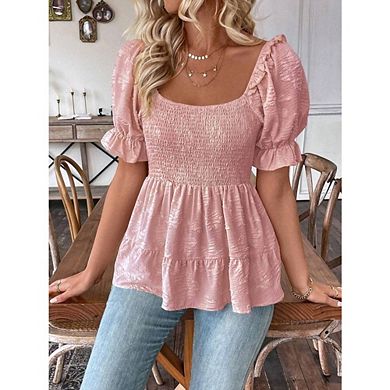 Women's Square Neck Short Sleeve Blouse Elegant Smocked Tiered Ruffle Hem Top Beach Party