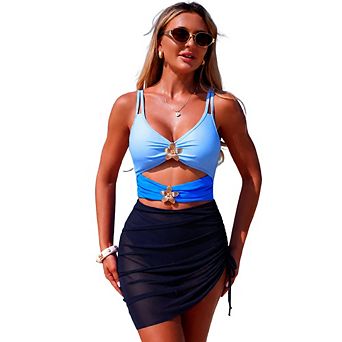Women's Flower Decor Cutout One Piece Swim Dress Drawstring Side Bathing Suit for Beach