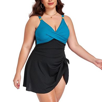 Women's Plus Size One Piece Swimsuit Tummy Control V-Neck Wrap Front Swim Dress