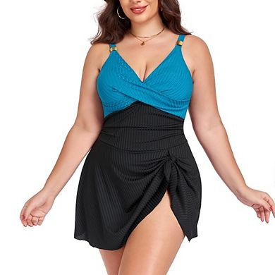 Women's Plus Size One Piece Swimsuit Tummy Control V-Neck Wrap Front Swim Dress
