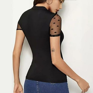 Womens Mesh Short Sleeve Top Lace Sheer Crew Neck Swiss Dot Blouse Shirt
