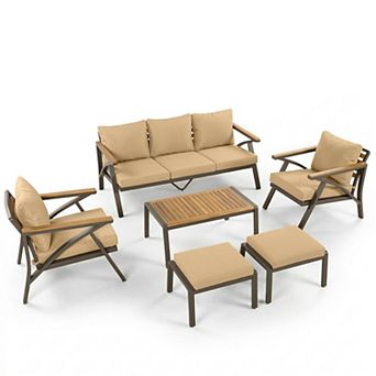 Eazegath 6 pc Outdoor Steel Frame Conversation Sofa Set with Ottomans and Coffee Table