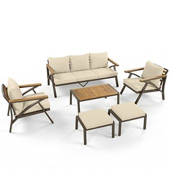 Eazegath 6 pc Outdoor Steel Frame Conversation Sofa Set with Ottomans and Coffee Table
