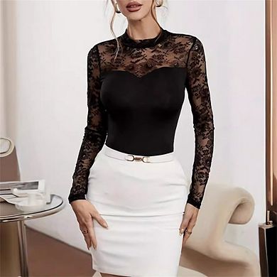 Women's Lace Long Sleeve Top Elegant High Neck Patchwork T-Shirt