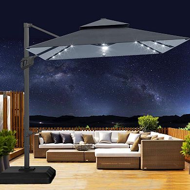 Tan 10 ft. Steel 2-Tier Square Patio Umbrella with Cross Base Offset Hanging 360 Degree Rotation