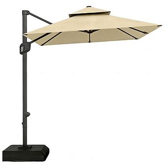 Tan 10 ft. Steel 2 tier Square Patio Umbrella with Cross Base Offset Hanging 360 Degree Rotation