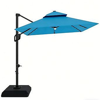 Tan 10 ft. Steel 2 tier Square Patio Umbrella with Cross Base Offset Hanging 360 Degree Rotation