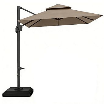 Tan 10 ft. Steel 2 tier Square Patio Umbrella with Cross Base Offset Hanging 360 Degree Rotation