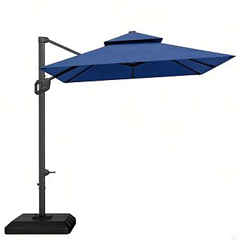 Tan 10 ft. Steel 2 tier Square Patio Umbrella with Cross Base Offset Hanging 360 Degree Rotation