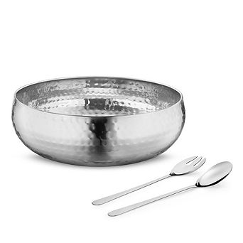 3 pc Stainless Steel Salad Mixing Bowl Hammered Finish Handmade Serving Utensils Set