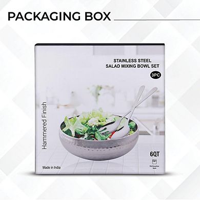 3PC Stainless Steel Salad Mixing Bowl Hammered Finish Handmade Serving Utensils Set