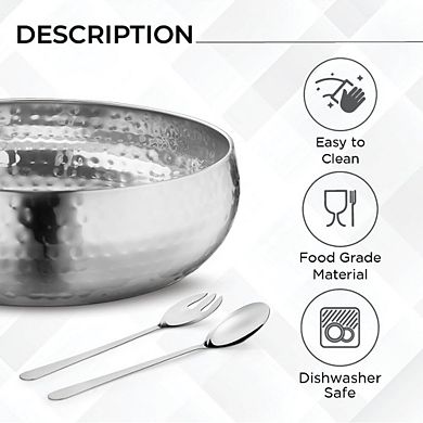 3PC Stainless Steel Salad Mixing Bowl Hammered Finish Handmade Serving Utensils Set