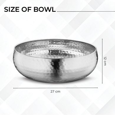 3PC Stainless Steel Salad Mixing Bowl Hammered Finish Handmade Serving Utensils Set