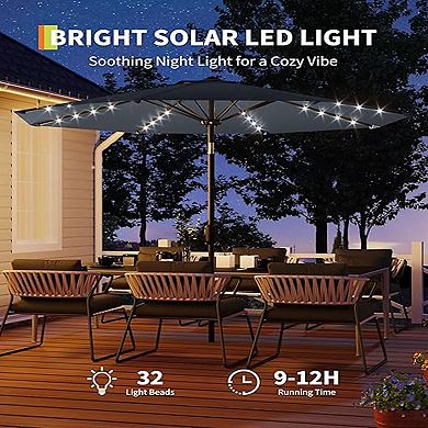 9Ft Outdoor Table Umbrella with 8 Ribs Crank Lift and Push Button Tilt ,Led