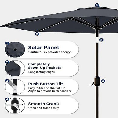 9Ft Outdoor Table Umbrella with 8 Ribs Crank Lift and Push Button Tilt ,Led